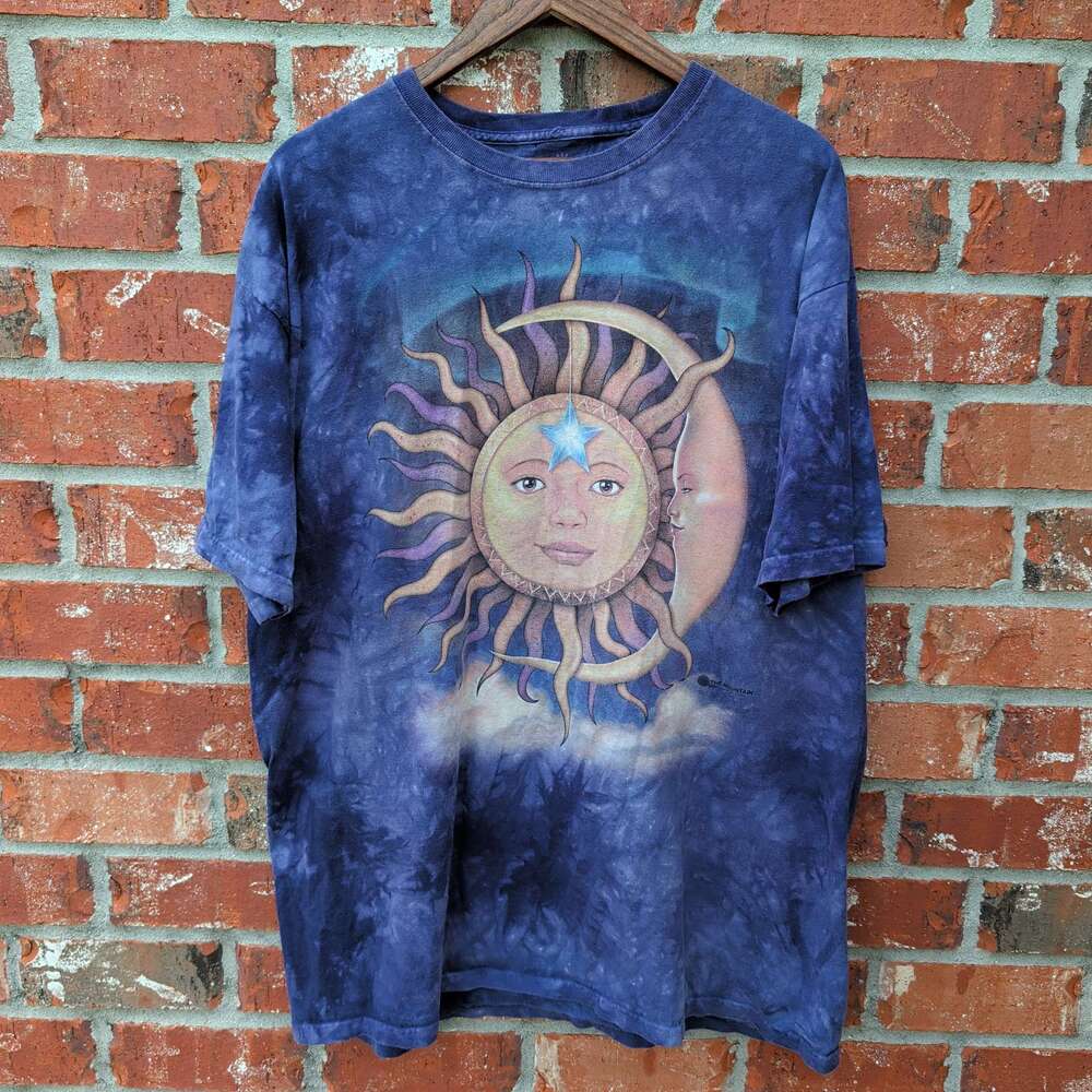 The Mountain Sun Moon Star Tie Dye T-Shirt Mens 2XL Blue Graphic Tee - Picture 1 of 7